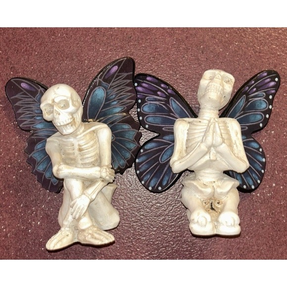 Set Of Two Skeleton Fairy Figurine With Purple & Blue Wings - Resin - 6" Tall - Picture 10 of 11